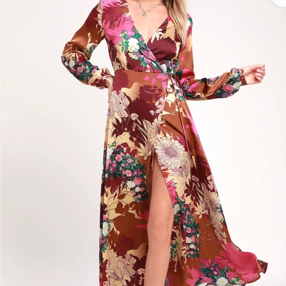 Floral Wrap Maxi Dress in Brown and Pink